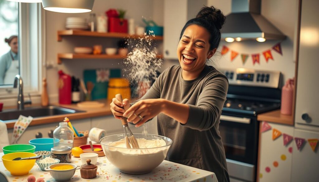 single mom baking own birthday cake