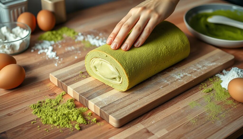 Matcha Cake Roll Rolling Technique