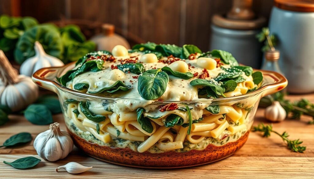 Spinach Artichoke Pasta Bake Layering